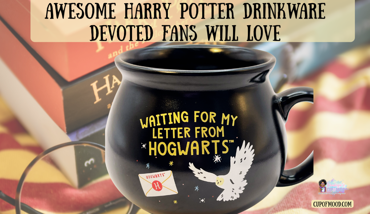 Harry Potter drinkware image featuring a black Hogwarts letter mug with a white owl against a nostalgic Harry Potter-themed background.