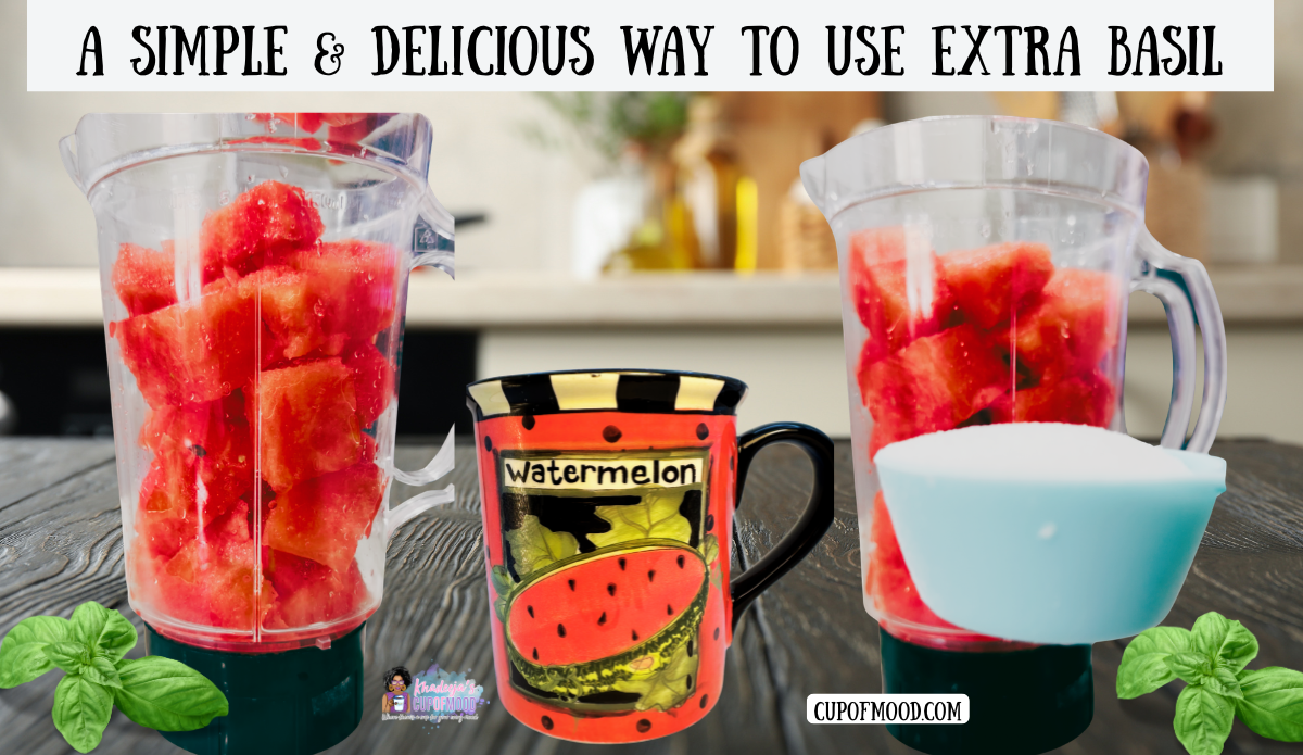 Way to use extra basil recipe step showing cubed watermelon in two blender pitchers beside the Susan Winget Watermelon Seed Packet Coffee Mug.