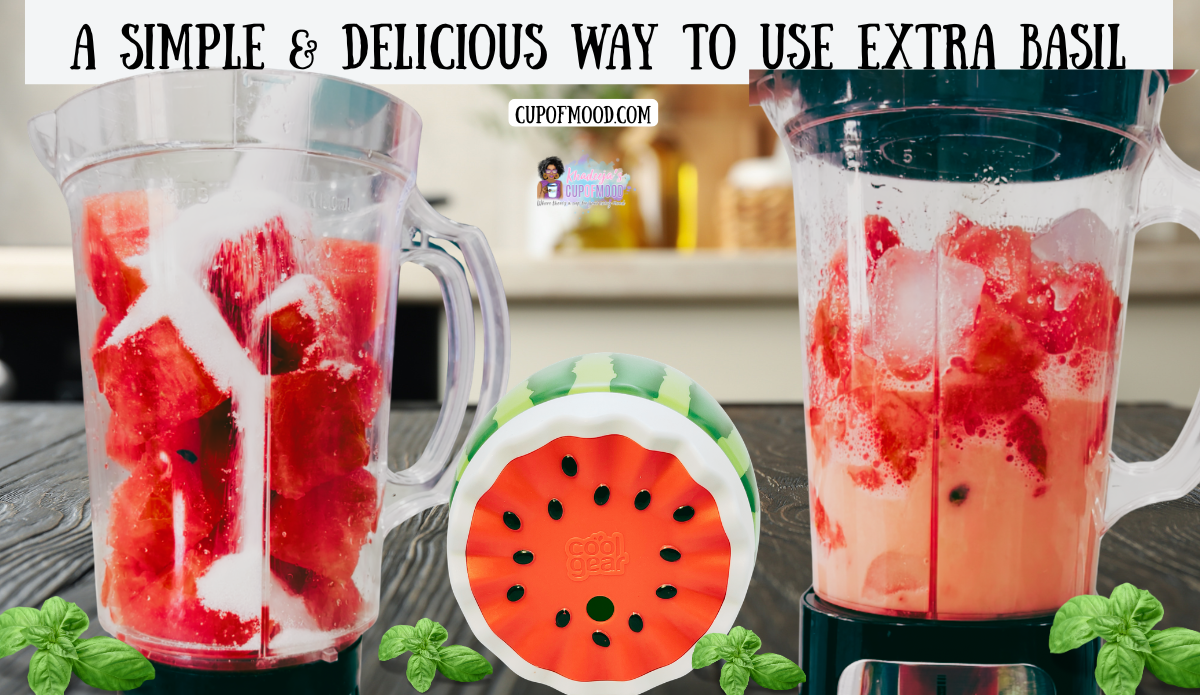Way to use extra basil recipe step showing watermelon, sugar, and ice blending beside the oversized Cool Gear watermelon water bottle.
