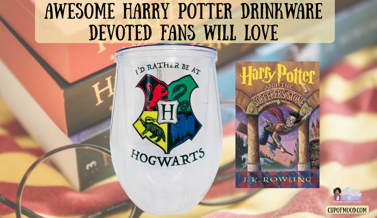 Harry Potter drinkware image featuring a Hogwarts stemless tumbler beside the Harry Potter and the Sorcerer’s Stone book.
