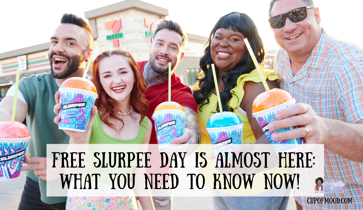 People enjoying colorful Slurpee drinks together during a summer outing