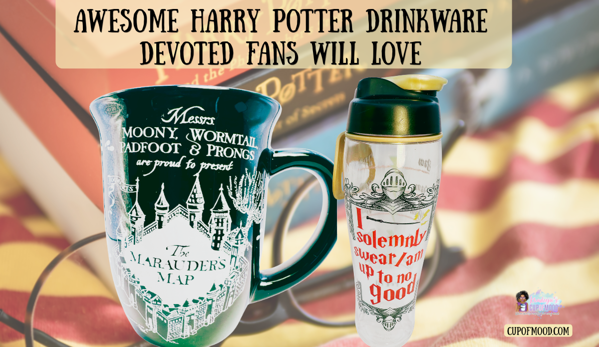 Harry Potter drinkware featuring a Marauder’s Map mug and an “I Solemnly Swear I Am Up to No Good” water bottle.