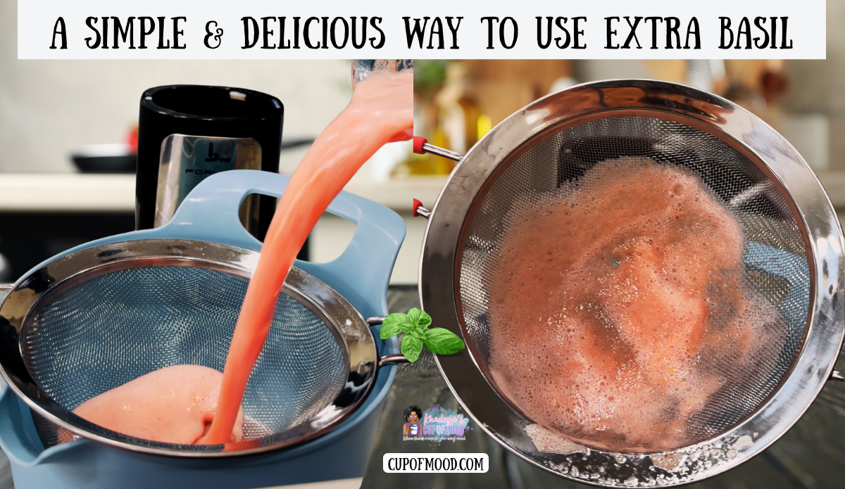 Way to use extra basil recipe step showing blended watermelon juice poured through a fine-mesh strainer to remove the pulp.