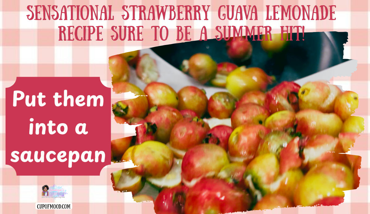 Halved strawberry guavas being placed into a saucepan for the CupofMood Strawberry Guava Lemonade recipe.
