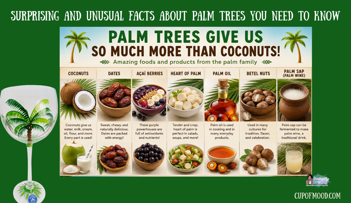 Palm tree wine glass with infographic showing foods and products that come from palm trees