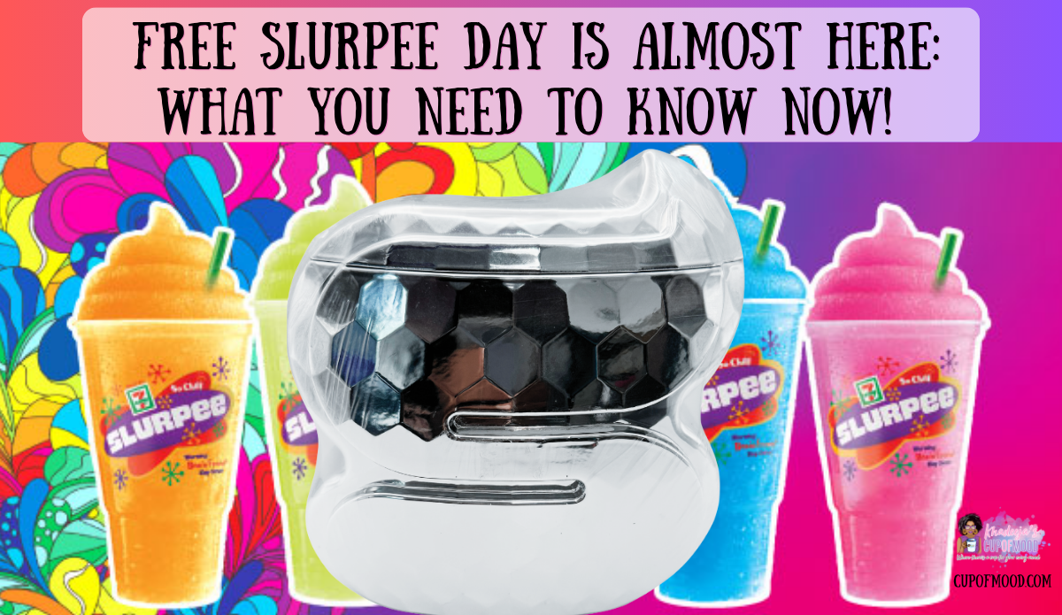 7-Eleven Slurpee Silver Disco Ball Cup displayed in front of colorful Slurpee frozen drinks