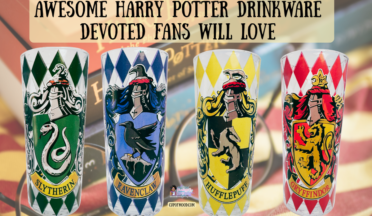 Harry Potter drinkware featuring Slytherin, Ravenclaw, Hufflepuff, and Gryffindor house crest glasses.