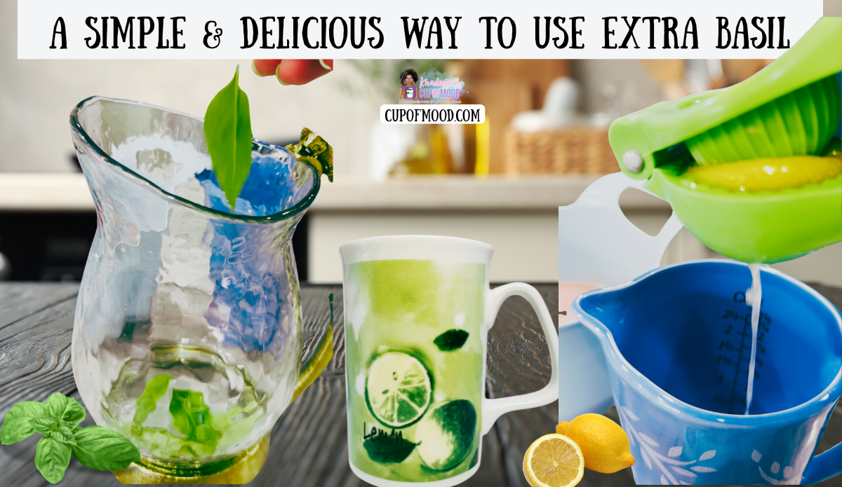 Way to use extra basil recipe step showing fresh basil added to a glass pitcher and lemon juice squeezed beside the Watercolor Lemon Lime Coffee Mug.