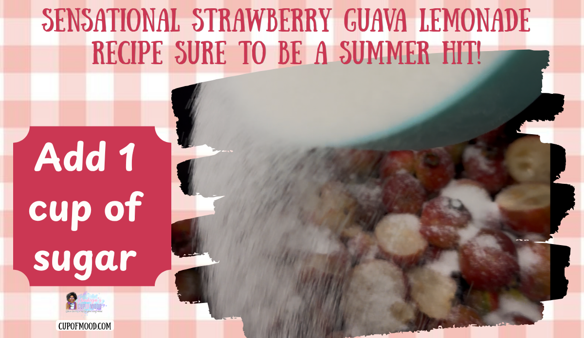 One cup of sugar being poured over halved strawberry guavas for the CupofMood Strawberry Guava Lemonade recipe.