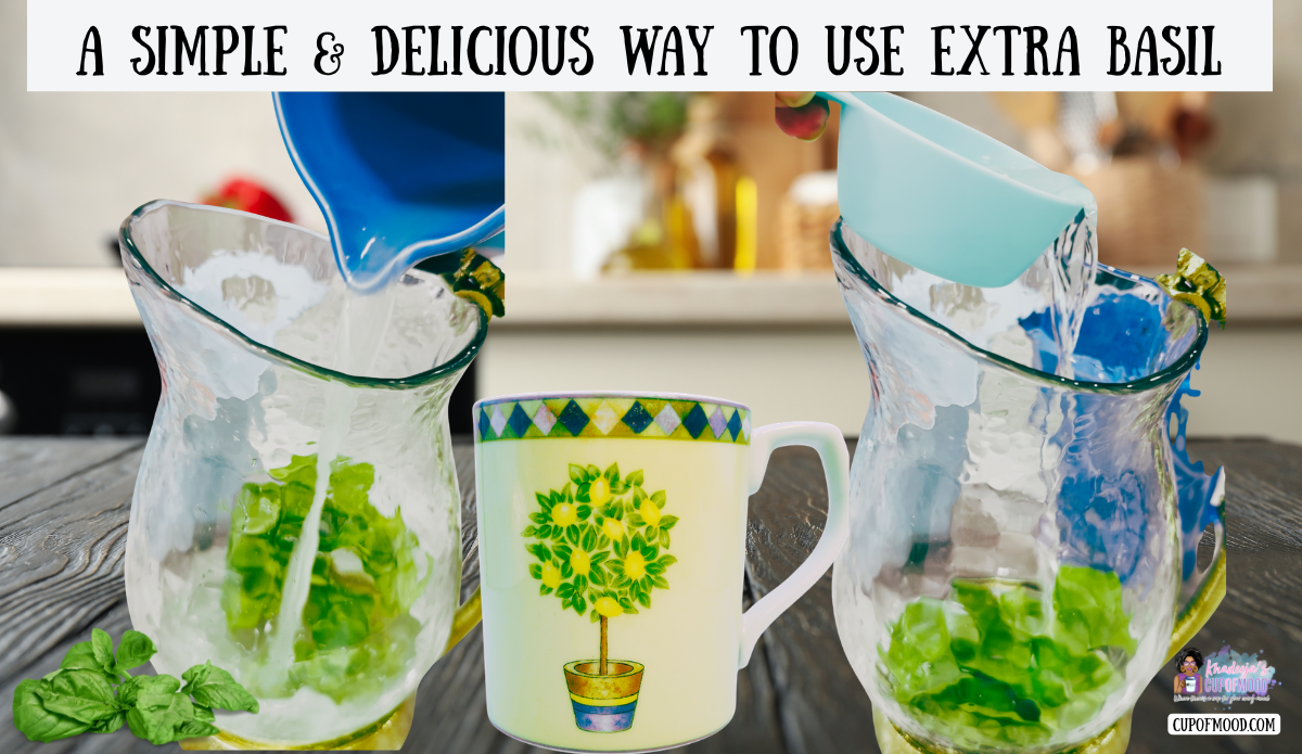 Way to use extra basil recipe step showing lemon juice and coconut water poured into a glass pitcher with fresh basil beside the Royal Doulton Carmina Lemon Tree Mug.