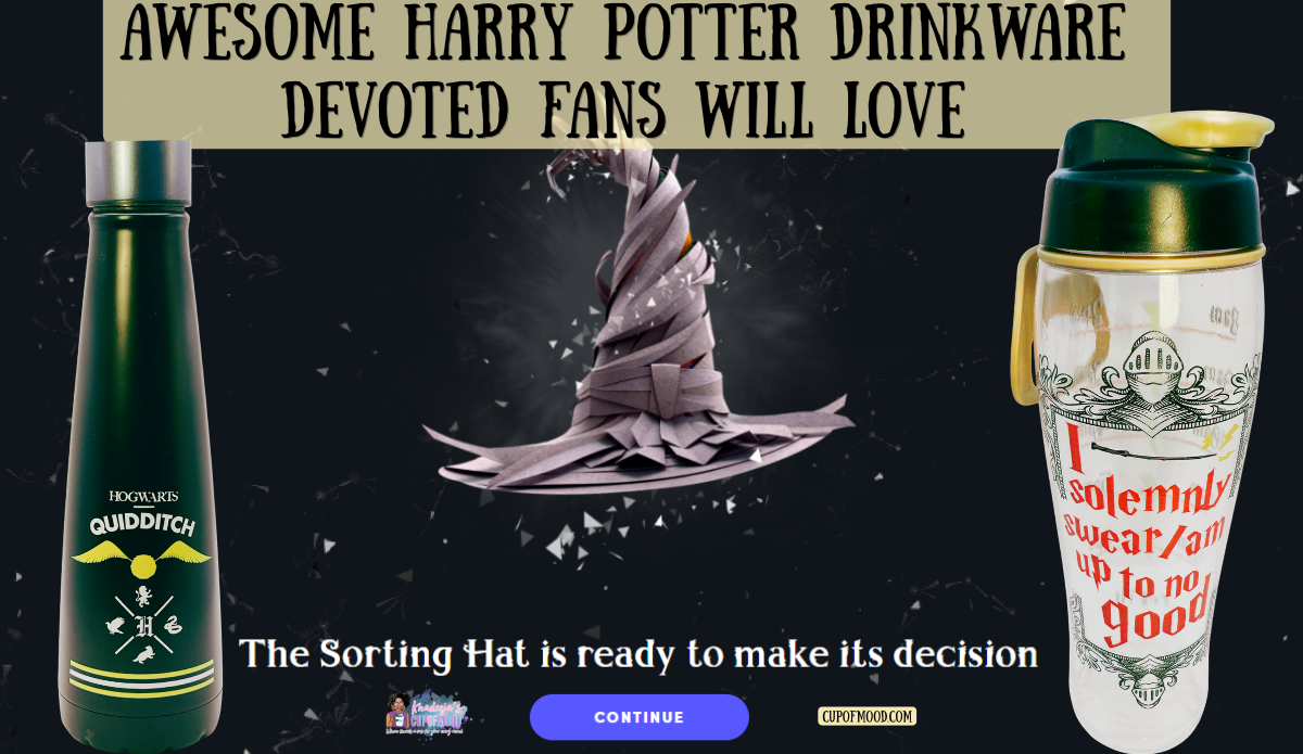 Harry Potter drinkware featuring a Hogwarts Quidditch bottle, an Up to No Good water bottle, and the Sorting Hat quiz screen.
