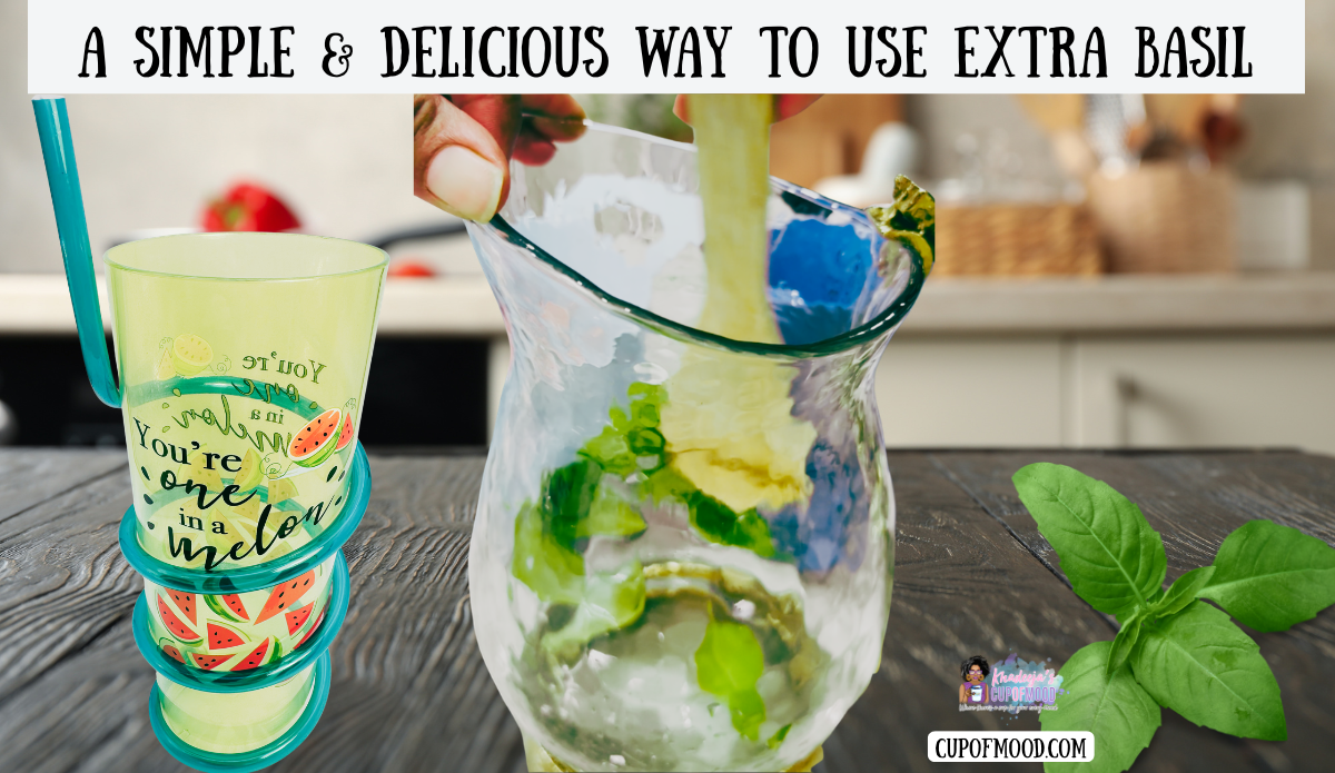 Way to use extra basil recipe step showing fresh basil being gently muddled in a glass pitcher beside the You’re One in a Melon Swirly Straw Acrylic Tumbler.