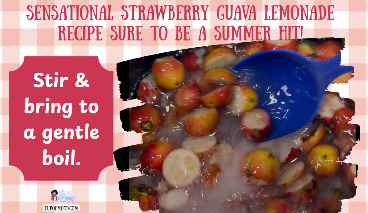 Strawberry guavas, sugar, and water being stirred and brought to a gentle boil for the CupofMood Strawberry Guava Lemonade recipe.