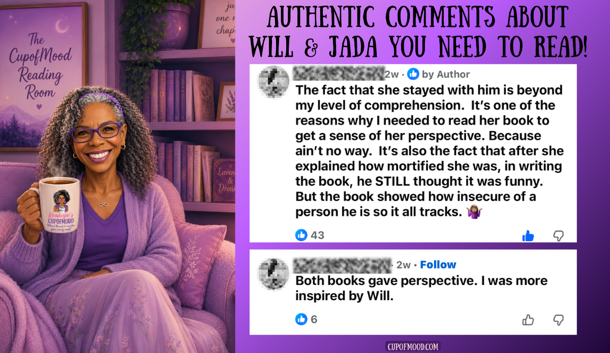 Facebook comments in a Will Smith and Jada Pinkett Smith book review discussing Jada’s humiliation and the different perspectives found in both memoirs.