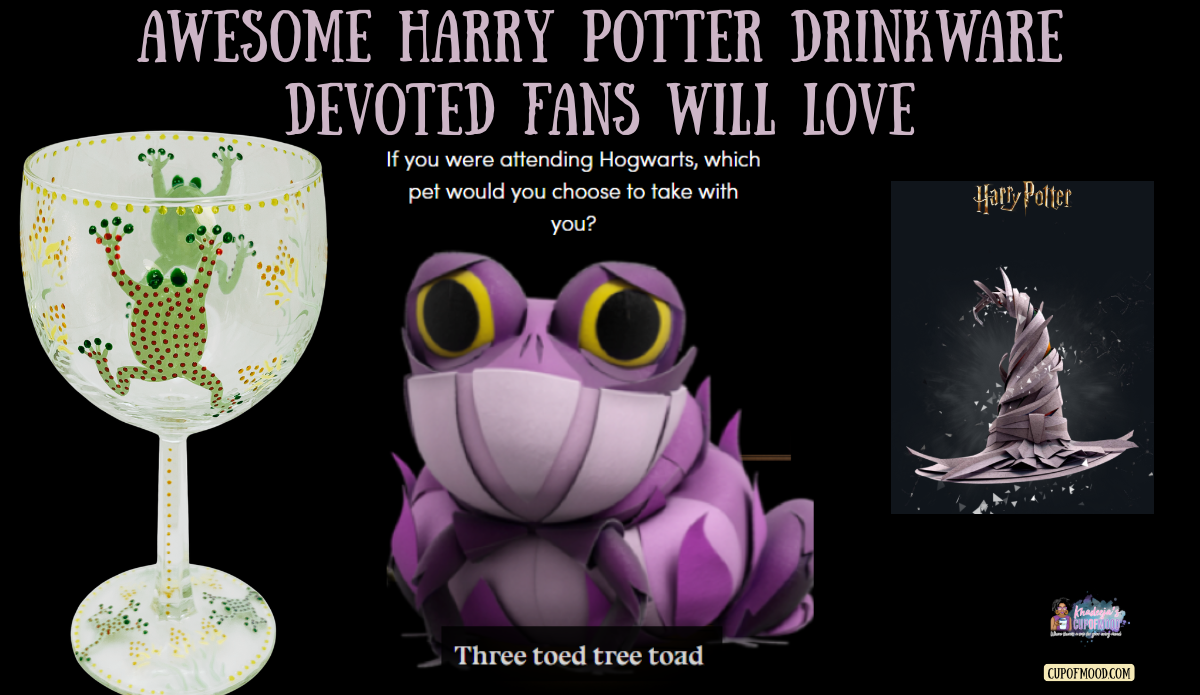 Harry Potter drinkware image featuring a frog wine glass beside the purple three-toed tree toad from the Hogwarts sorting quiz.