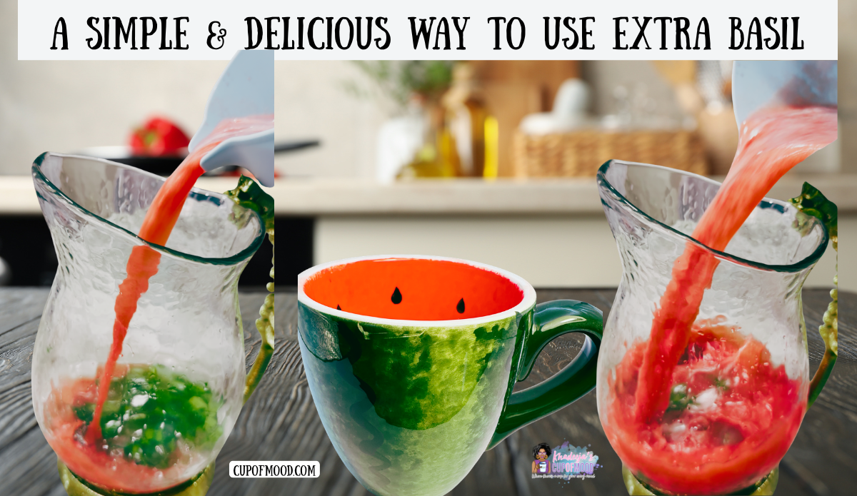 Way to use extra basil recipe step showing strained watermelon juice poured into a glass pitcher beside the Realistic Hand Painted Watermelon Coffee Mug.