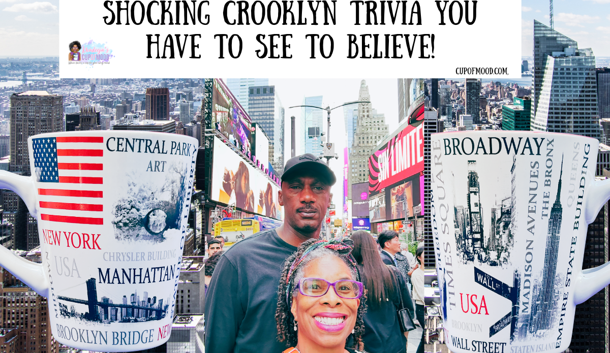 Khadeeja and Michael in New York City with souvenir mugs