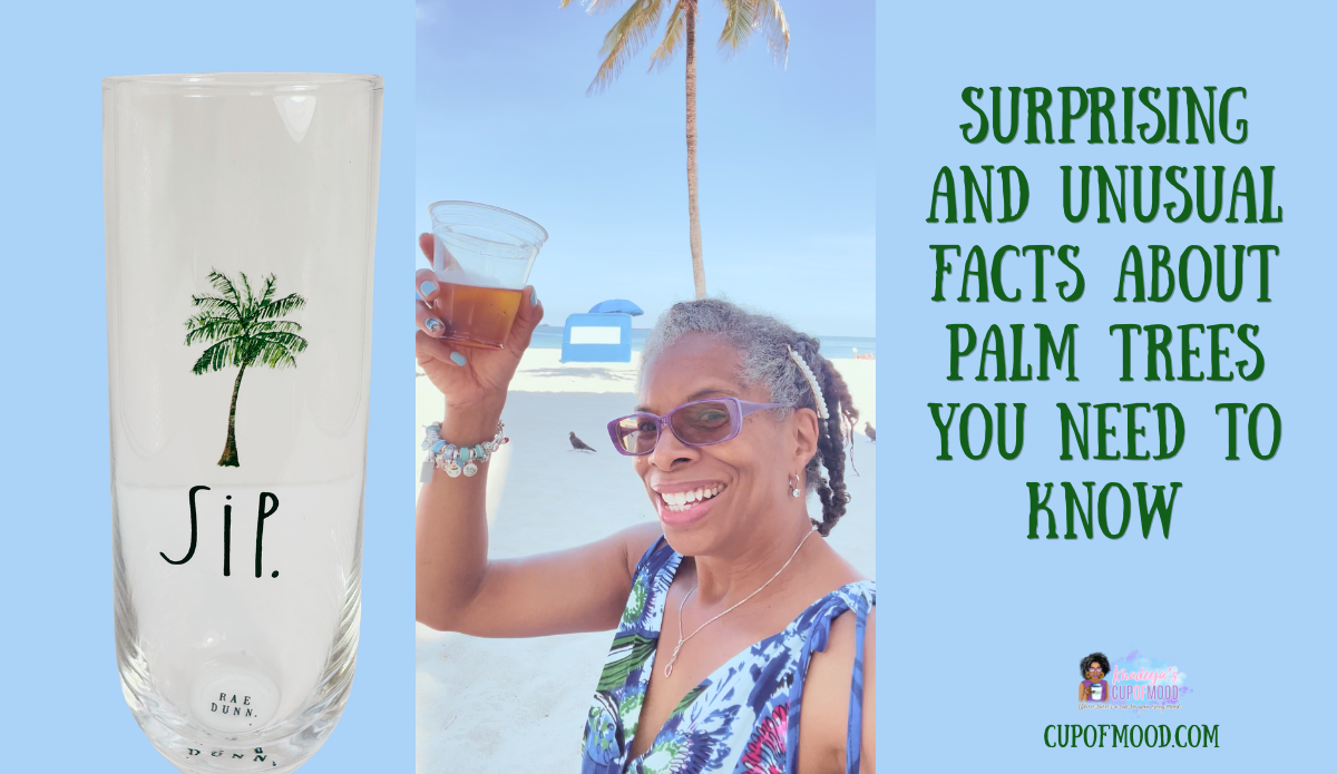 Khadeeja enjoying a tropical beach beneath palm trees with a palm tree glass from CupofMood