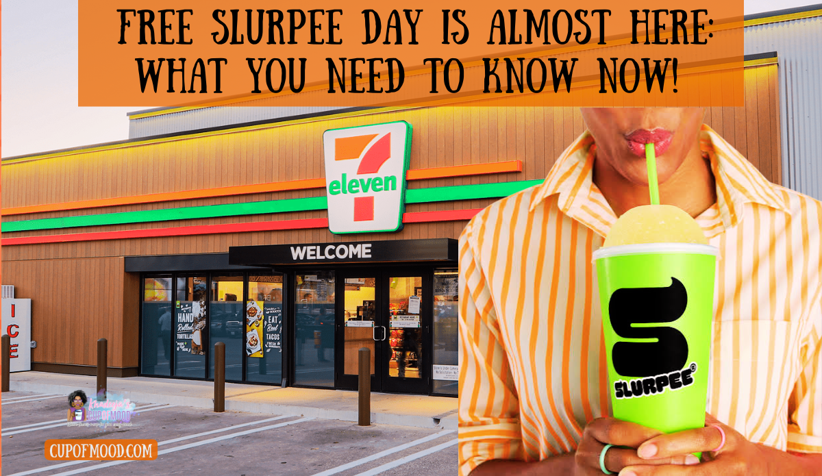 Original CupofMood graphic of a woman enjoying a green Slurpee outside a 7-Eleven during Free Slurpee Day
