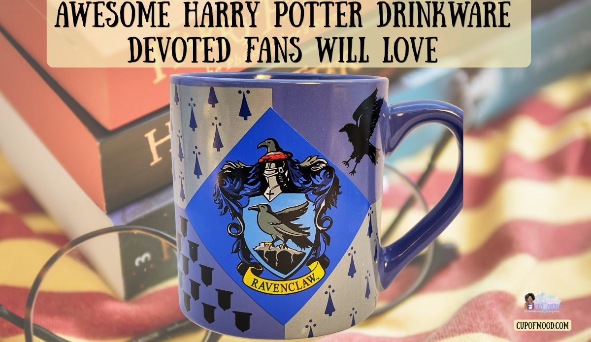 Harry Potter Ravenclaw house crest mug with blue and silver geometric artwork against a Harry Potter-themed background.
