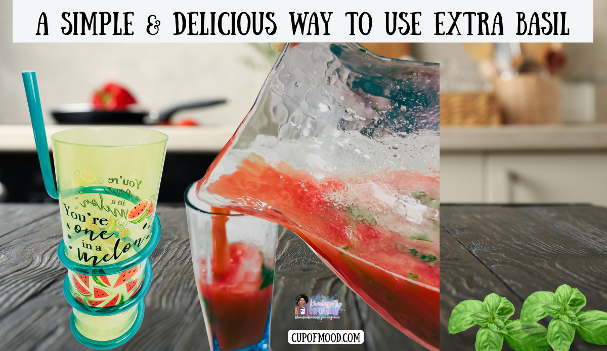Way to use extra basil image showing the CupofMood Watermelon Basil Refresher poured into a glass beside the You’re One in a Melon Swirly Straw Acrylic Tumbler.