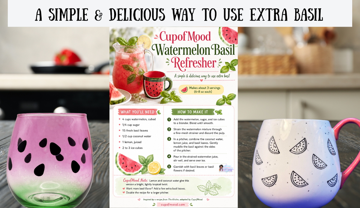 Way to use extra basil recipe card for the CupofMood Watermelon Basil Refresher displayed between two colorful watermelon-themed drinkware pieces.