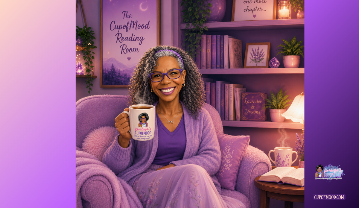 The CupofMood Reading Room final sip image featuring Khadeeja in a cozy purple reading room, inviting readers back for thoughtful book conversations.