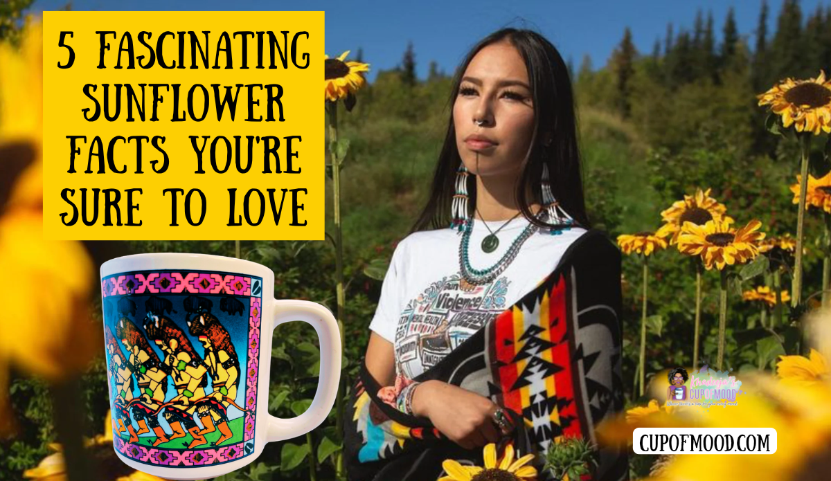 Rod Velarde Jicarilla Apache Mug beside a Native American woman standing in a sunflower field, representing the Indigenous history of North American sunflowers.