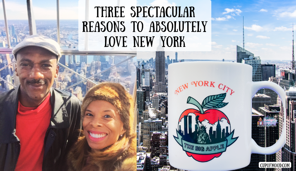 Three reasons to love New York featuring Michael and Khadeeja overlooking New York City with a Big Apple mug