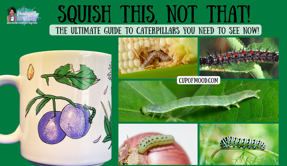Squish This, Not That caterpillar guide featuring a butterfly mug with corn earworm, cabbage looper, bollworm, and swallowtail caterpillar