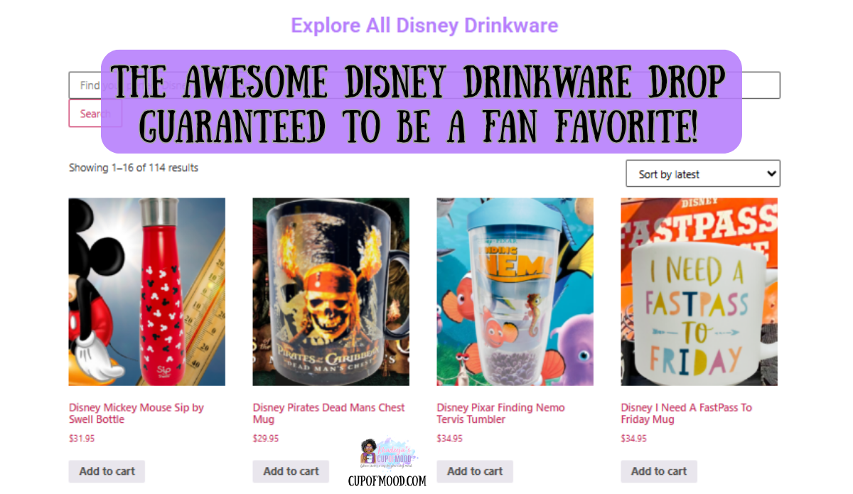 Disney drinkware drop featuring Mickey Mouse, Pirates, Finding Nemo, and FastPass collectibles at CupofMood