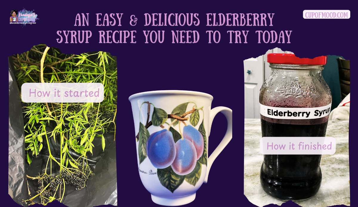 Finished homemade elderberry syrup in a labeled glass jar displayed between two floral mugs