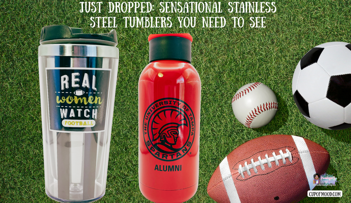 Sports drinkware with football tumbler University of Tampa bottle and football baseball and soccer ball