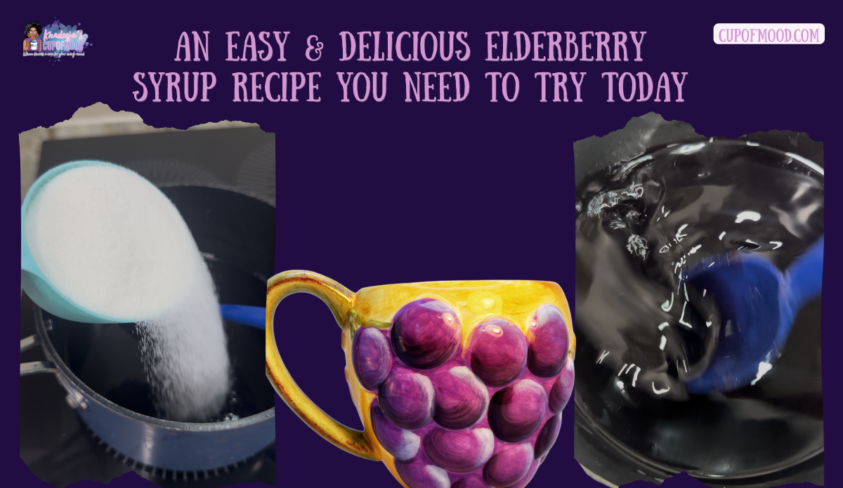 Cooked elderberries being pressed through a fine-mesh strainer before the strained juice is poured back into the pot