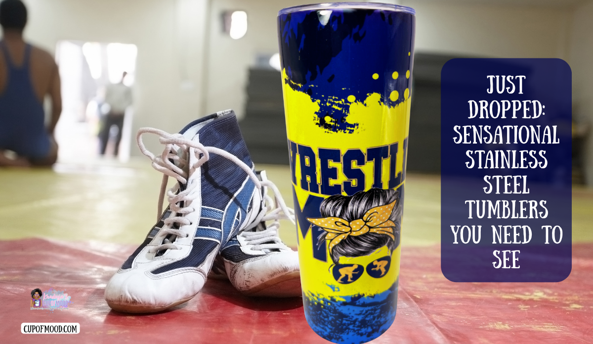 Wrestling Mom Stainless Steel Tumbler with navy wrestling shoes and gym background