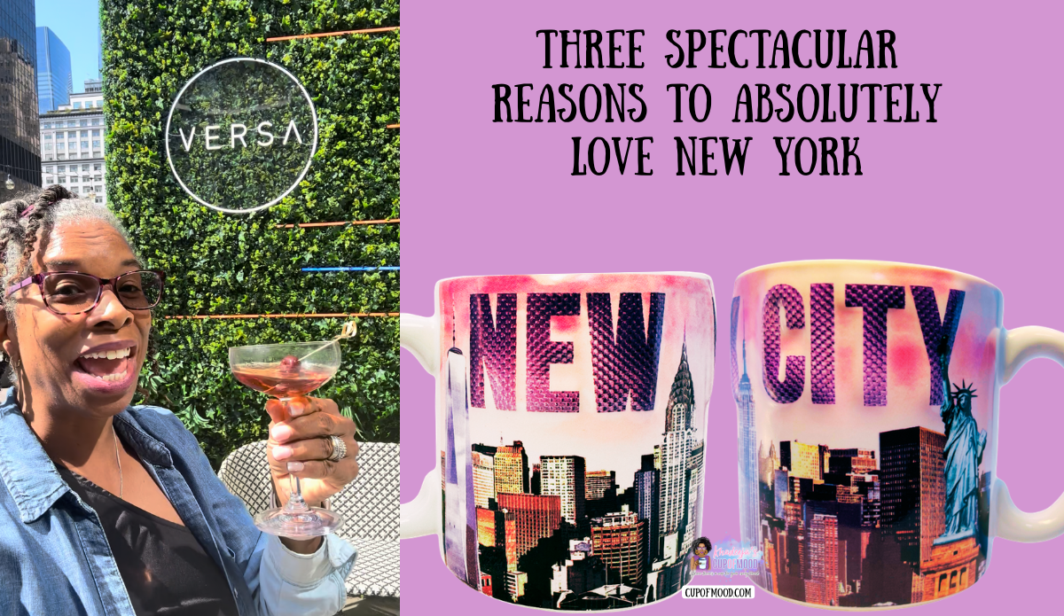 Khadeeja enjoying a Manhattan cocktail at Versa restaurant in New York City with New York mugs