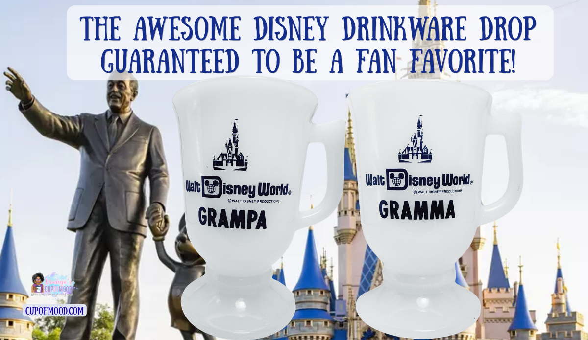 Vintage Walt Disney World Gramma and Grampa milk glass pedestal mugs with Cinderella Castle and Partners statue