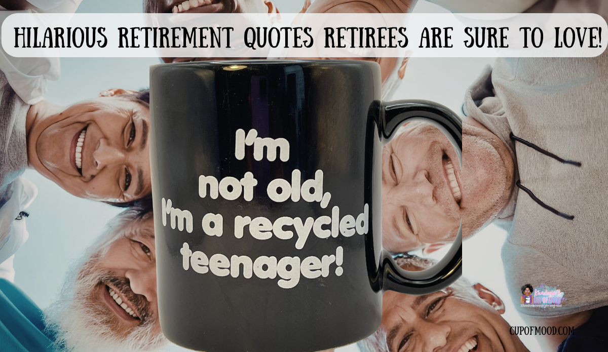 I’m Not Old, I’m a Recycled Teenager black mug displayed with smiling older adults in a humorous aging image