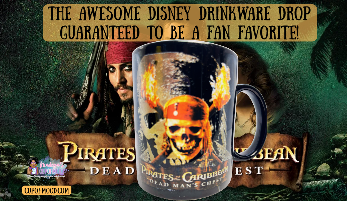 Disney Pirates Dead Mans Chest Mug displayed with Pirates of the Caribbean movie backdrop