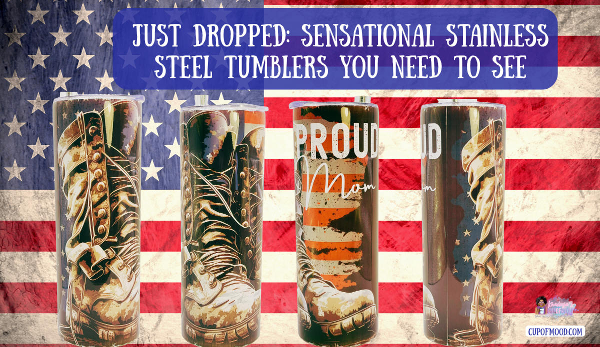 Proud Military Mom Tumbler shown from four angles against an American flag background