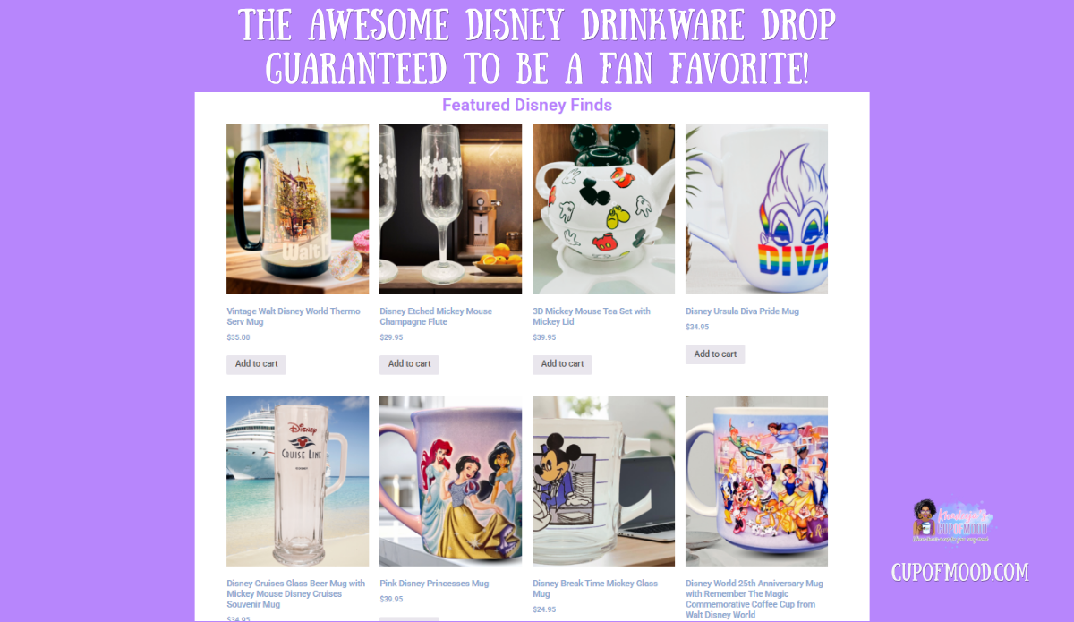 CupofMood Disney Drinkware Brand Page featuring mugs tumblers and collectible Disney drinkware