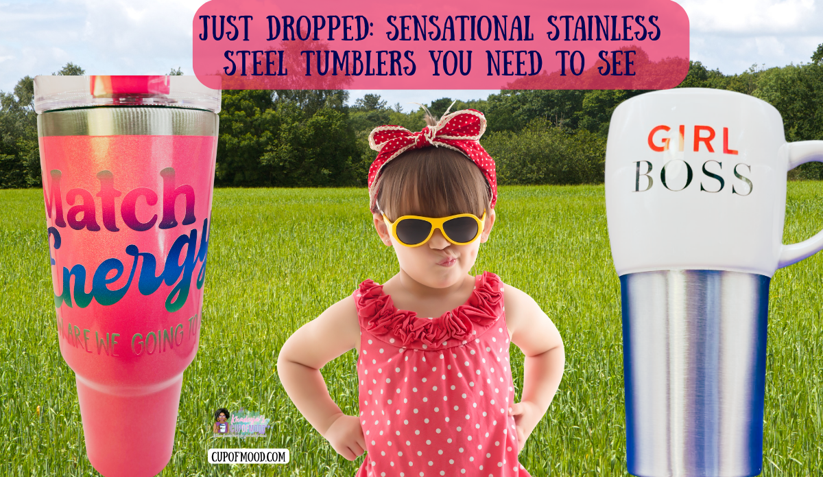 Colorful stainless steel tumbler and Girl Boss travel mug with confident child outdoors