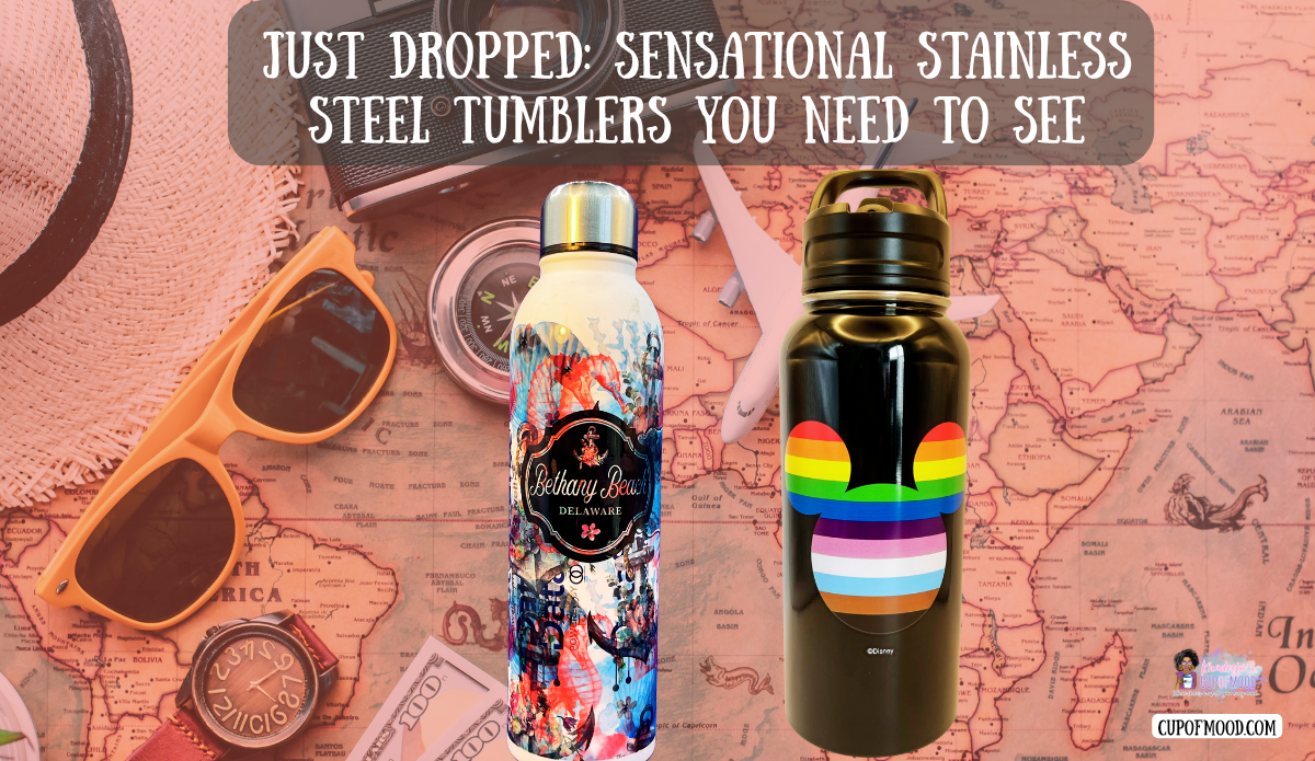 Travel stainless steel water bottles displayed on a world map with sunglasses hat and compass