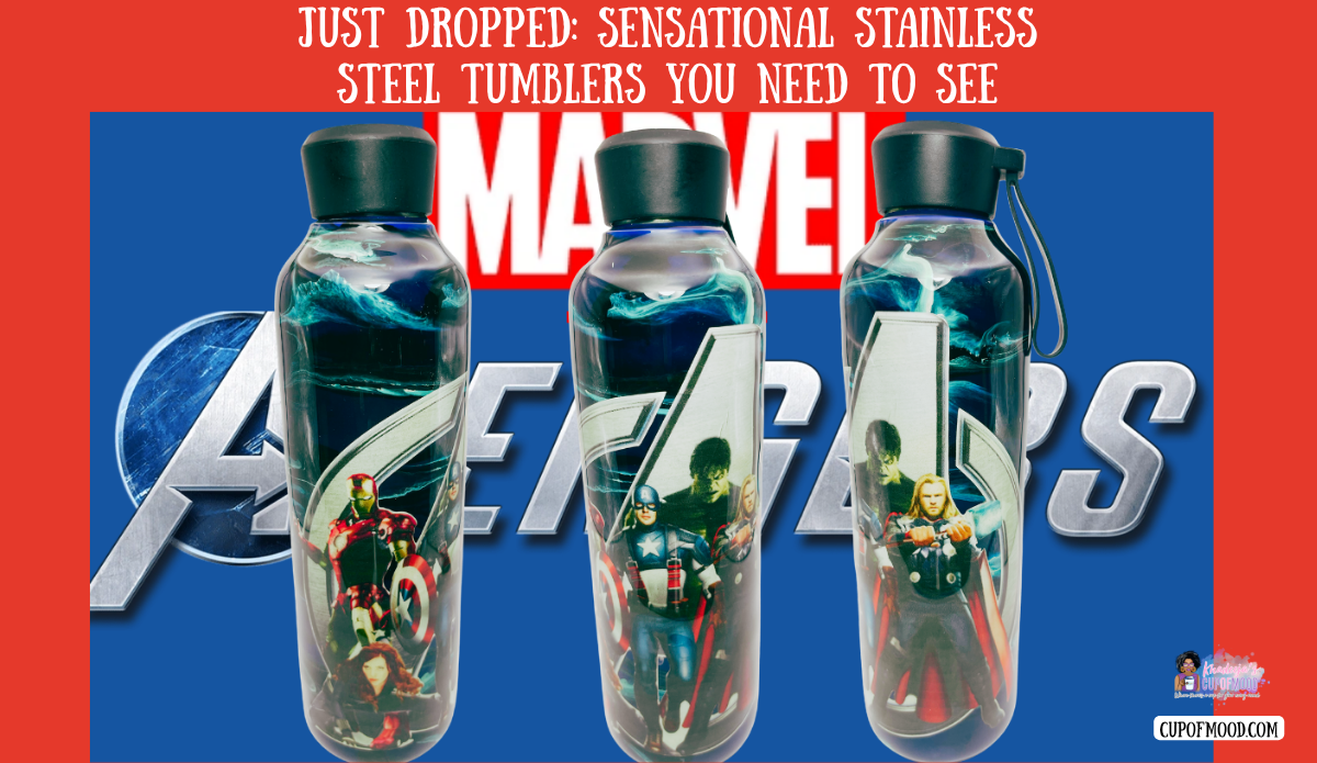 Marvel Avengers Movie Water Bottle shown from three angles with Avengers character artwork