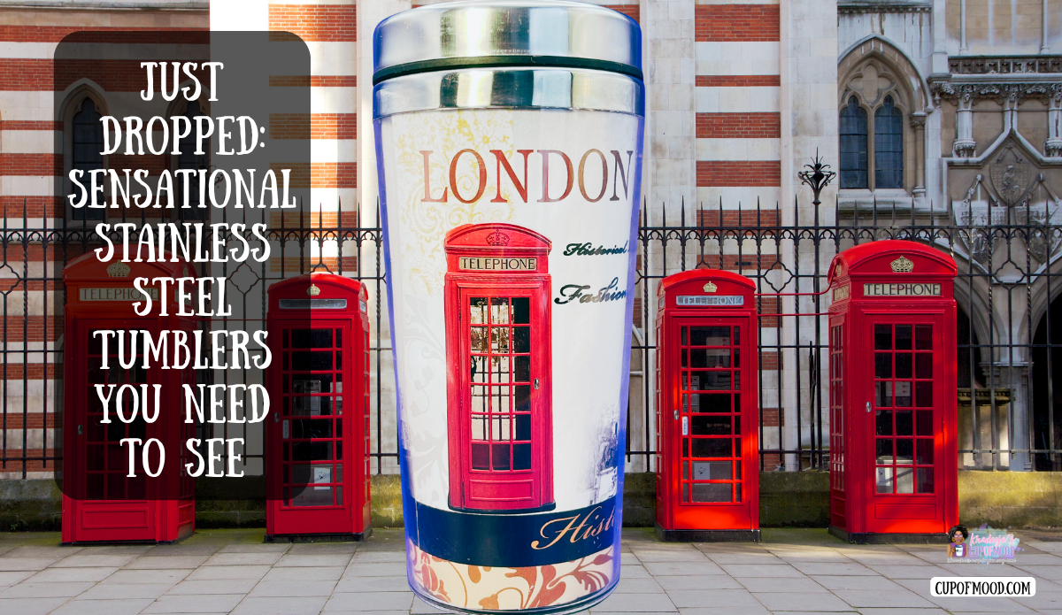 London England Travel Tumbler displayed with classic red London telephone boxes