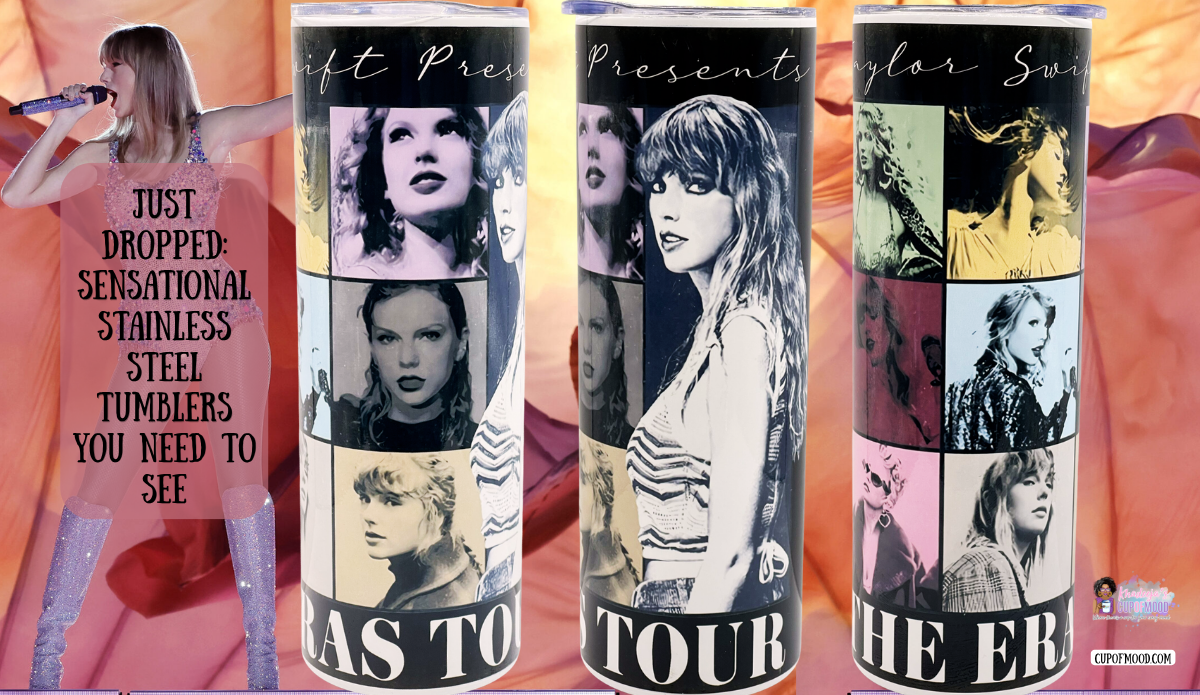 Taylor Swift Eras Tour Tumbler shown from three angles with Taylor Swift portrait artwork