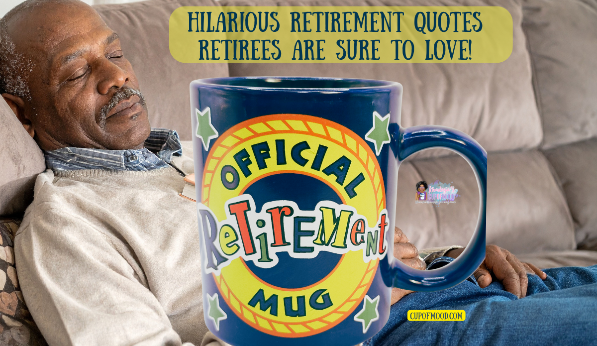 Official Retirement Mug displayed in front of a sleeping man on a couch for a funny retirement nap image.