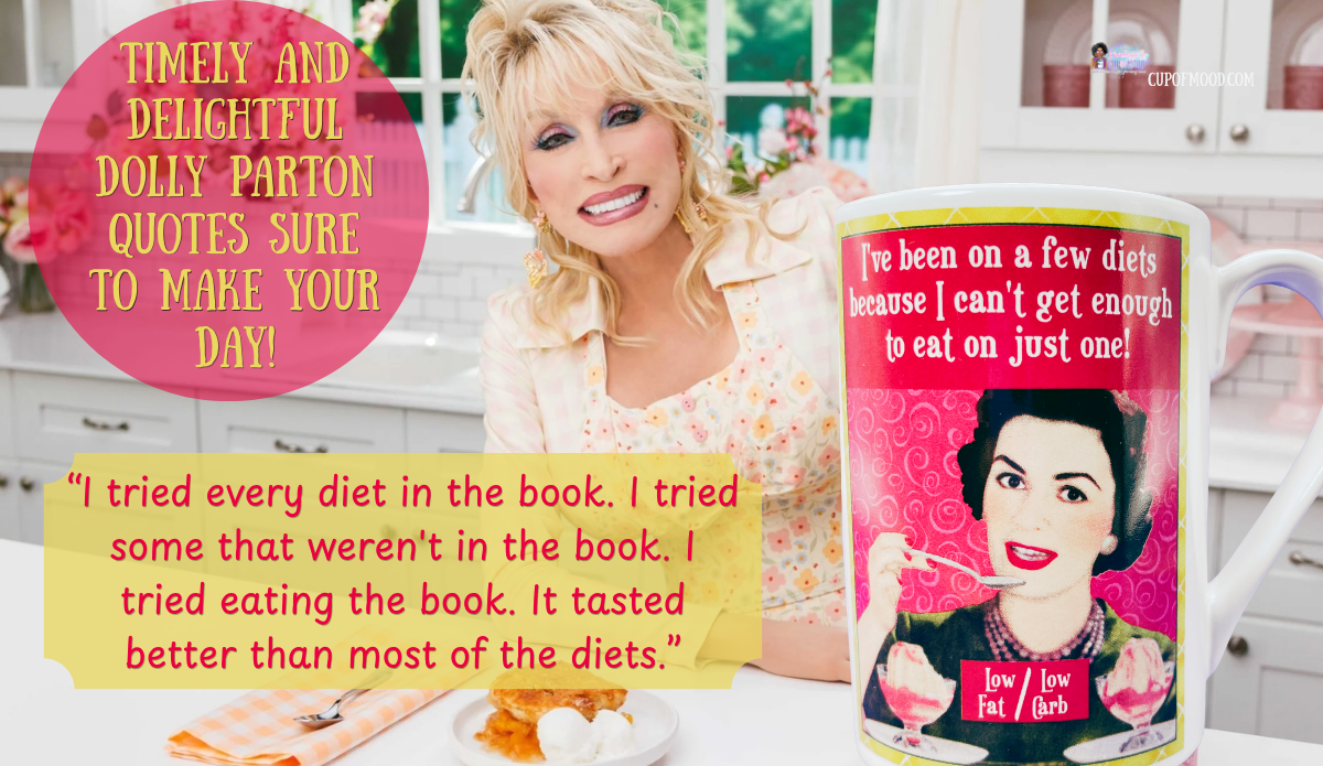 Funny Few Diets Mug paired with Dolly Parton funny dieting quote in a bright kitchen setting