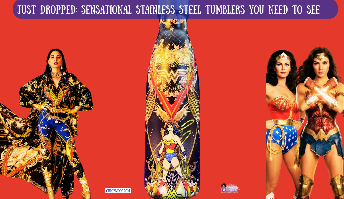 Camilla Wonder Woman Water Bottle with colorful Wonder Woman artwork and superhero background