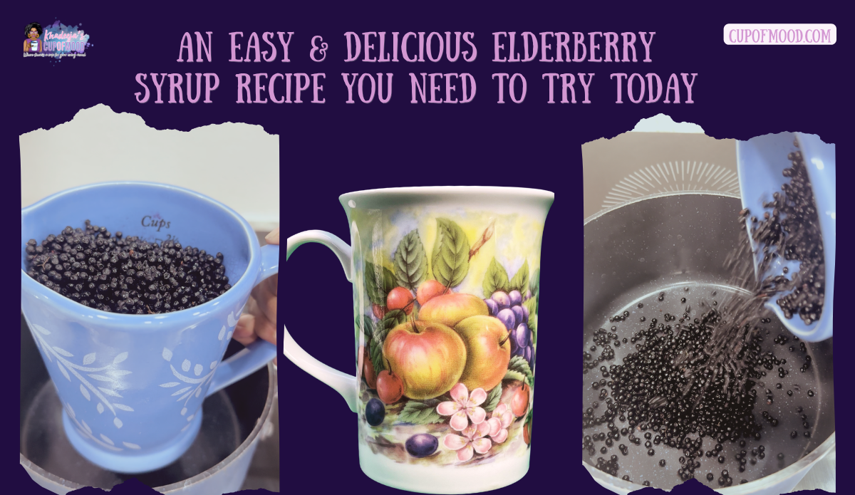 Two cups of fresh elderberries measured in a blue cup and rinsed before making homemade elderberry syrup